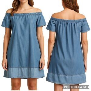 Coastal Boho Chambray Off Shoulder Mini Dress Soft Tencel Blue XS